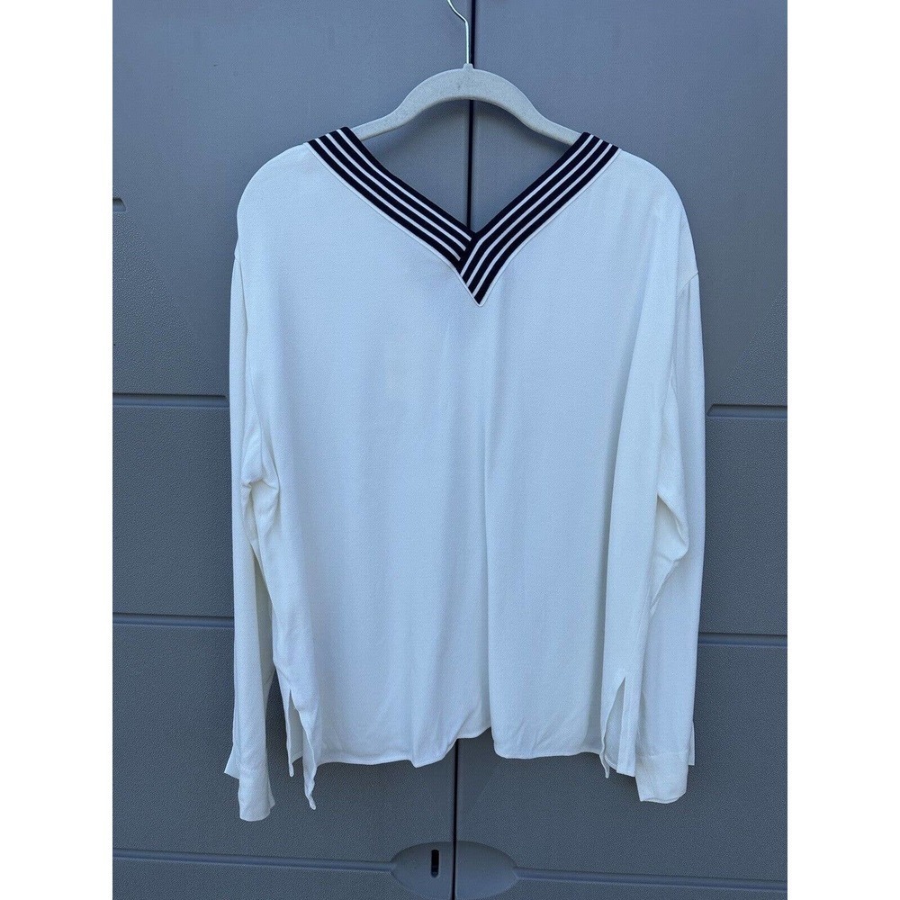 Maje $265 Lorni Lounge Long Sleeves Crepe Striped V-Neck Neckline Top Sz 3/L US - Picture 11 of 16